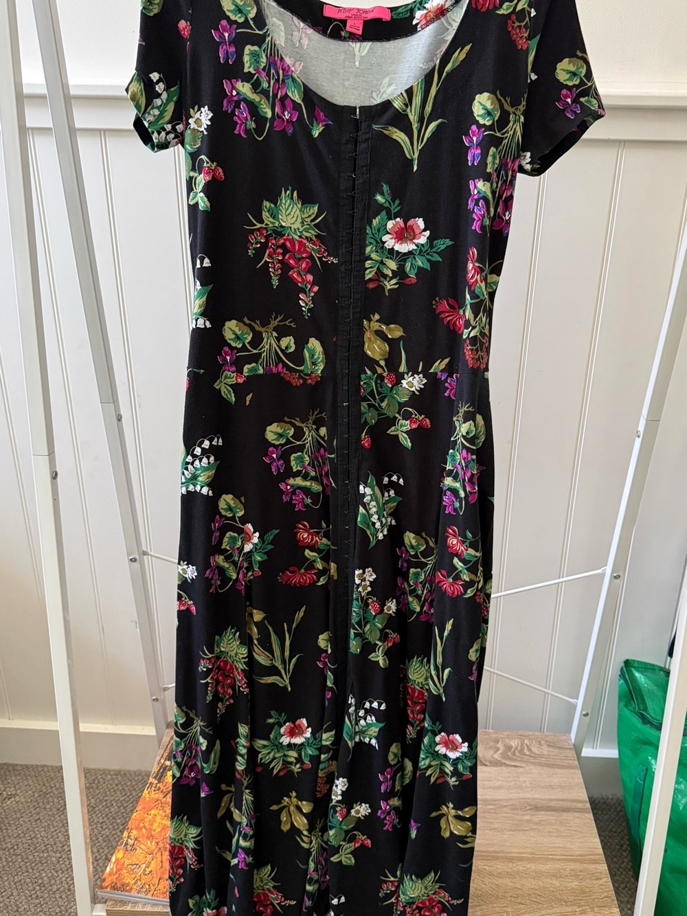 Vintage Betsey Johnson Black Maxi Dress with Multicolor Floral Print